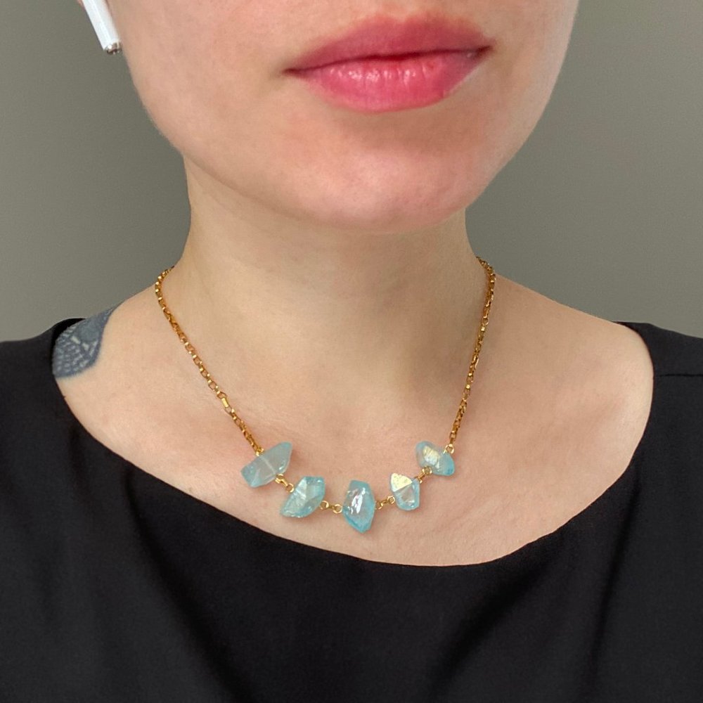 Raw blue quartz necklace, rough crystal pieces necklace